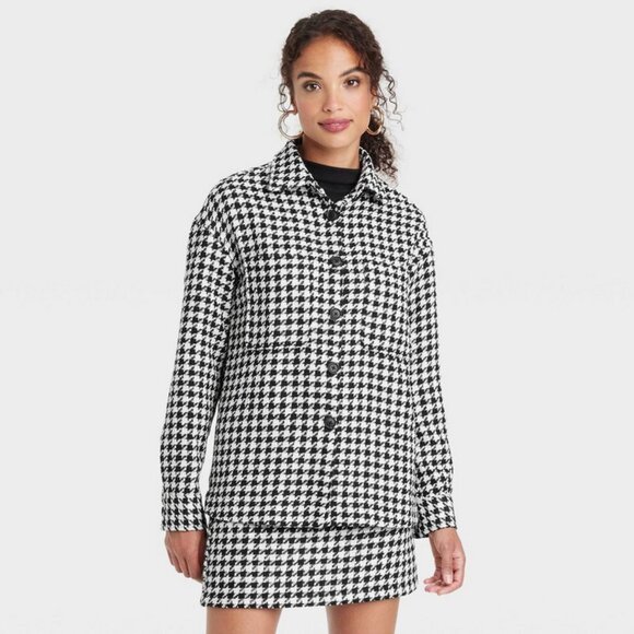Women's Long Sleeve Tweed Shacket - A New Day Black/Cream Houndstooth XS - Picture 1 of 3